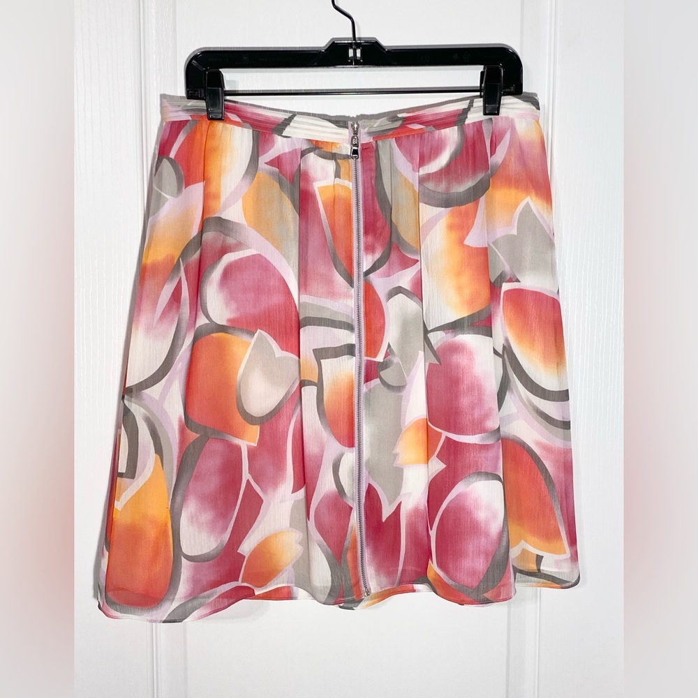 NEW Y2K Madison Zipper Front Abstract Floral Knee Length Skirt Pink Orange Sz 10